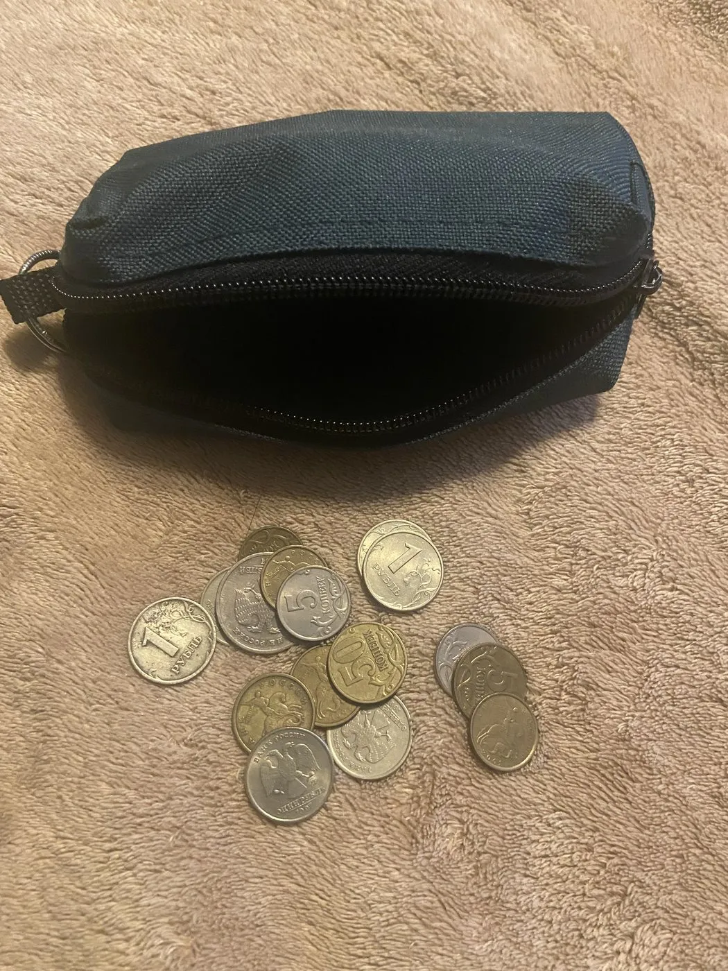 A small coin purse and a handful of Russian coins.